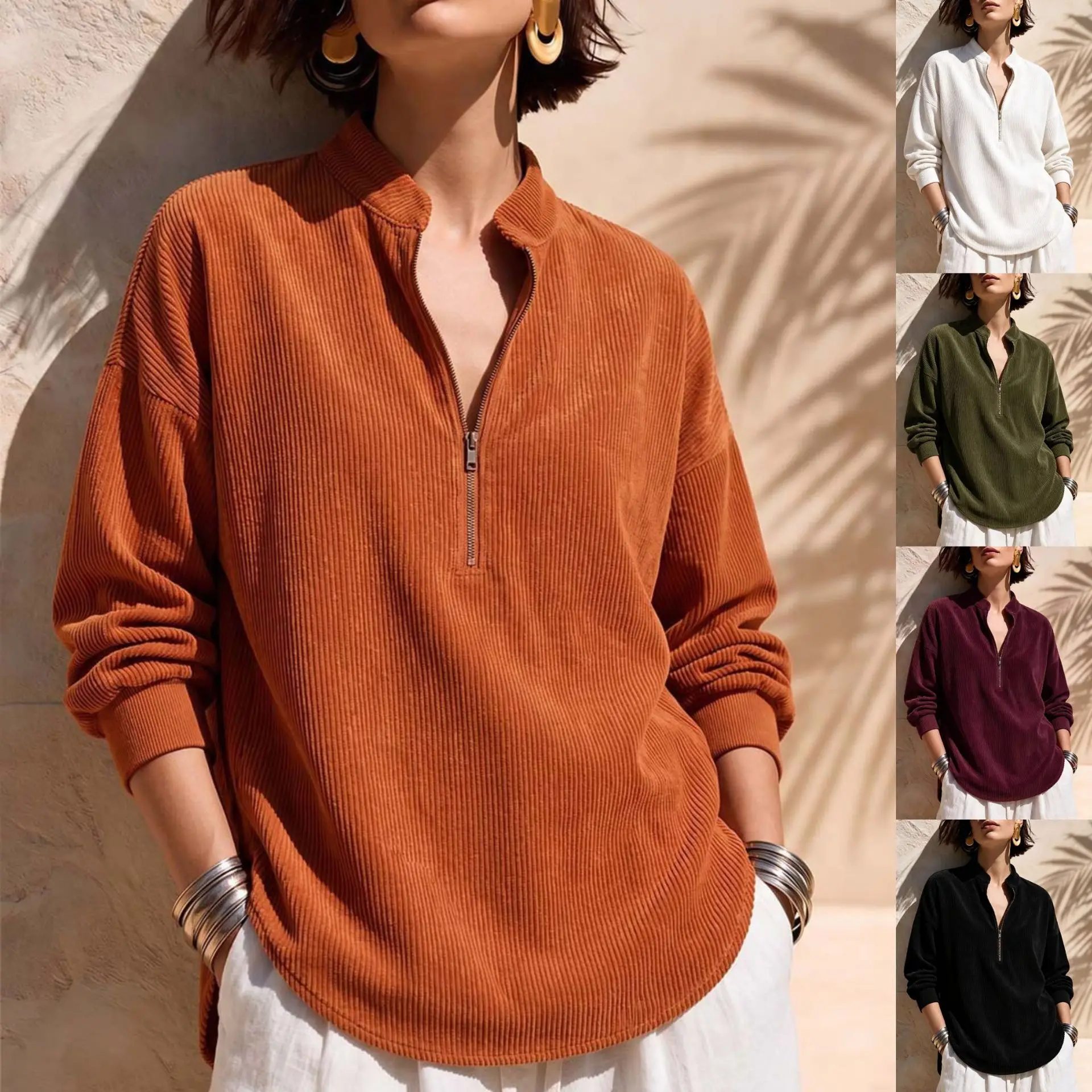 2026 Autumn/winter New Women's Zipper Circular Neck Long Sleeve Random Loose Corduroy Top Dress Elegant Prom Sexy Maxi Clothes