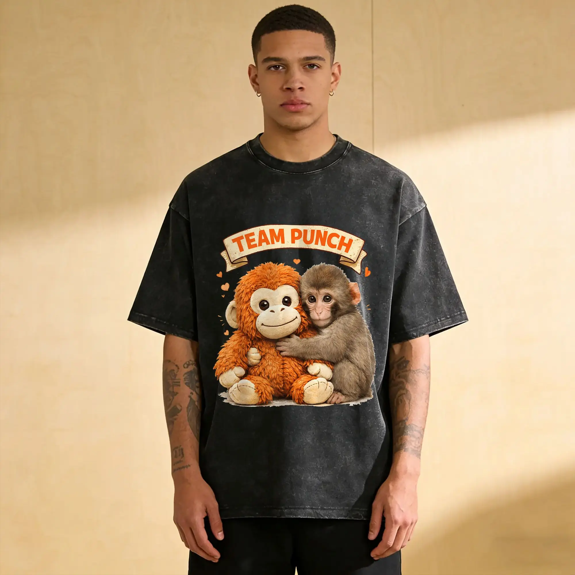 Leisure Cute Monkey Punch Panchi Kun Japan Baby Monkey Team T-Shirts for Men Round Collar Cotton  Tees Big Size Clothes