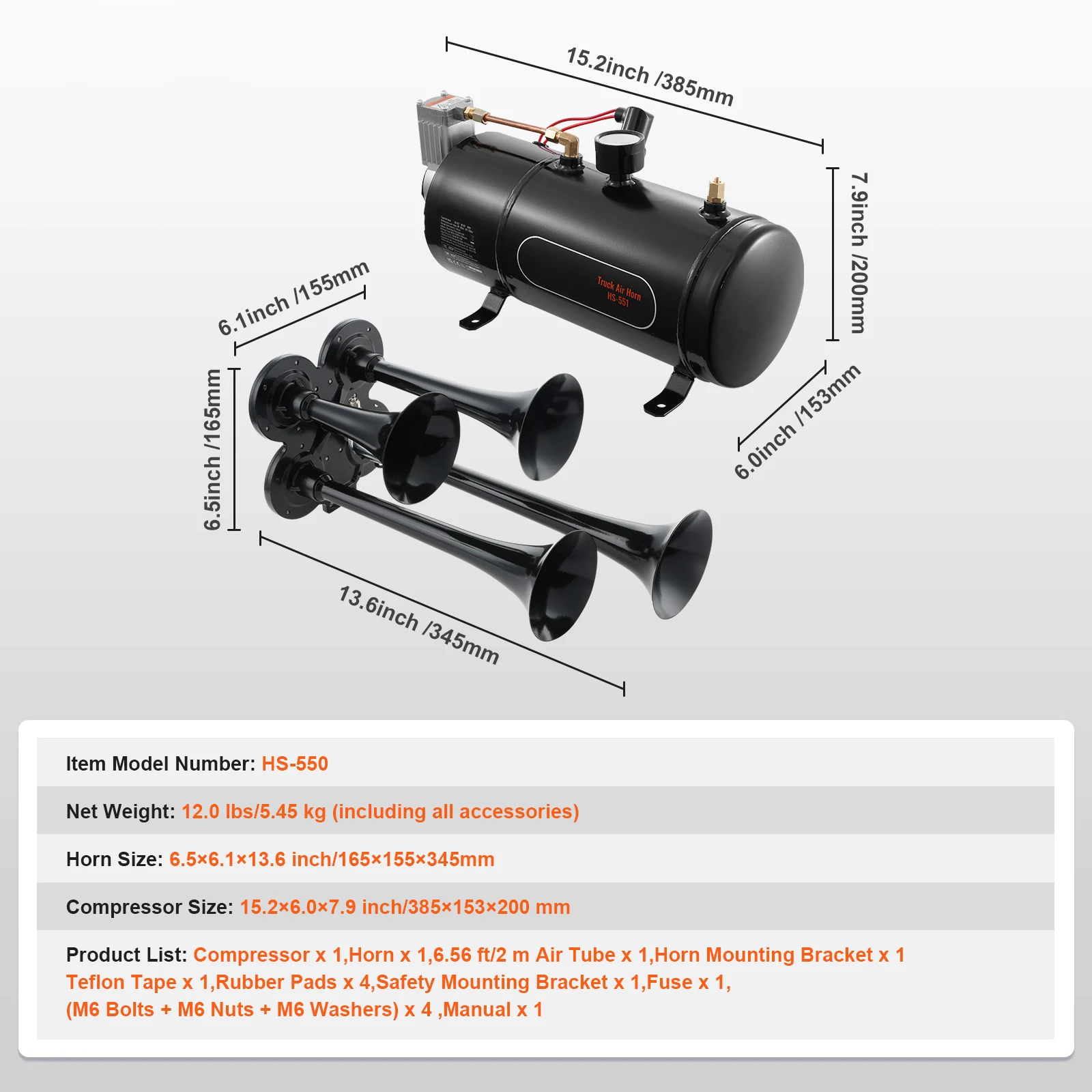 SucceBuy Treinhoorns Kit 4 trompetluchthoornkit 150dB treinhoorns 12V luchtcompressor met 3/6/10L tank, voor pick-ups trein