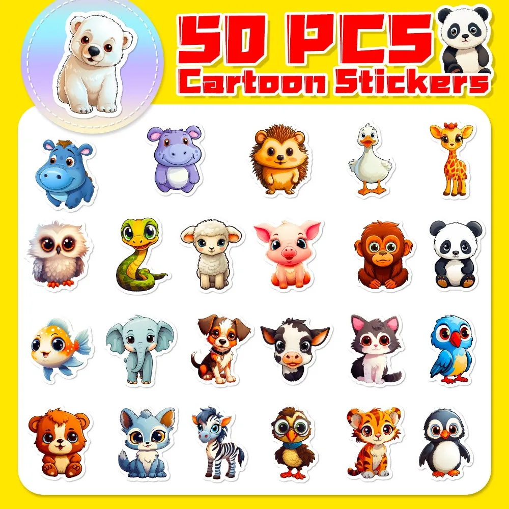 50pcs Cute Animal Stickers with Big Eyes Waterproof Vinyl Decals DIY Laptops Water Bottles Phones Decorative Stickers Kids Toy