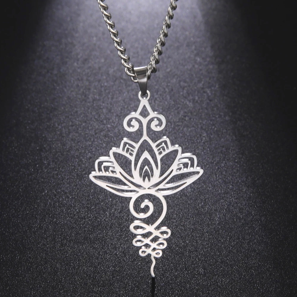 LIKGREAT Lotus Flower Pendant Necklace Unalome Chakra Symbol Amulet Yoga Healing Charms Valentine's Day Stainless Steel Jewelry