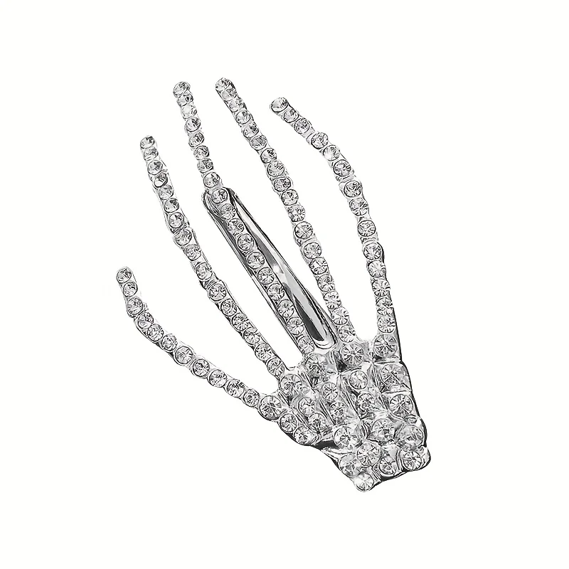 2-teilige Hand-Haarspangen mit Strass-Totenkopf-Motiv – silbernes Skelett-Hand-Design, Halloween-Accessoires, perfekte Partygeschenke – Detail 8