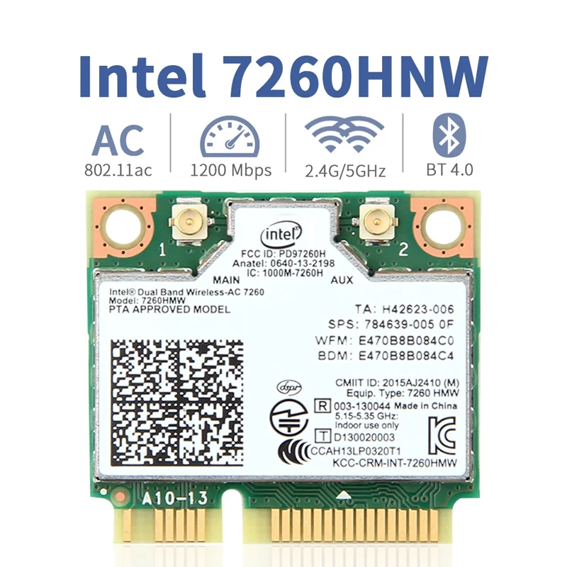 Wireless Network Card For Intel 7260HMW Mini PCI-E 7260 Dual Band 2.4G/5Ghz Wlan Wifi Bluetooth 4.0 802.11ac/a/b/g For PC