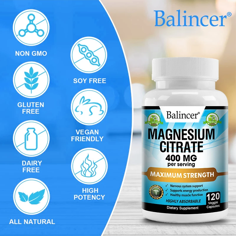 Balincer Magnesium Citrate Supplement Supports Muscle, Nervous System, Bone, Heart Health and Provides Energy