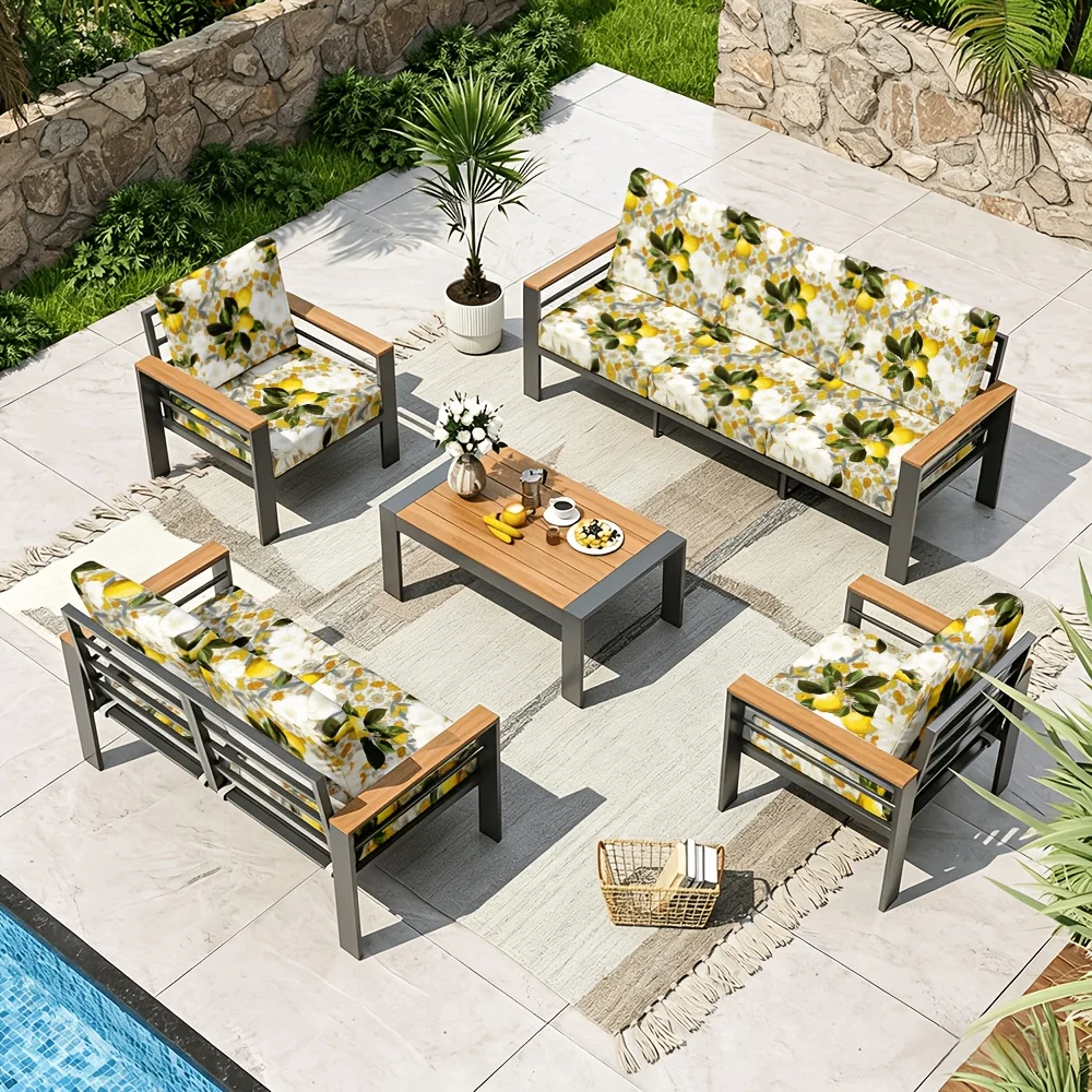 6/8pcs Lemon & Floral Outdoor Patio Sofa Cushion Cover, Removable Washable Patio Furniture Slipcover