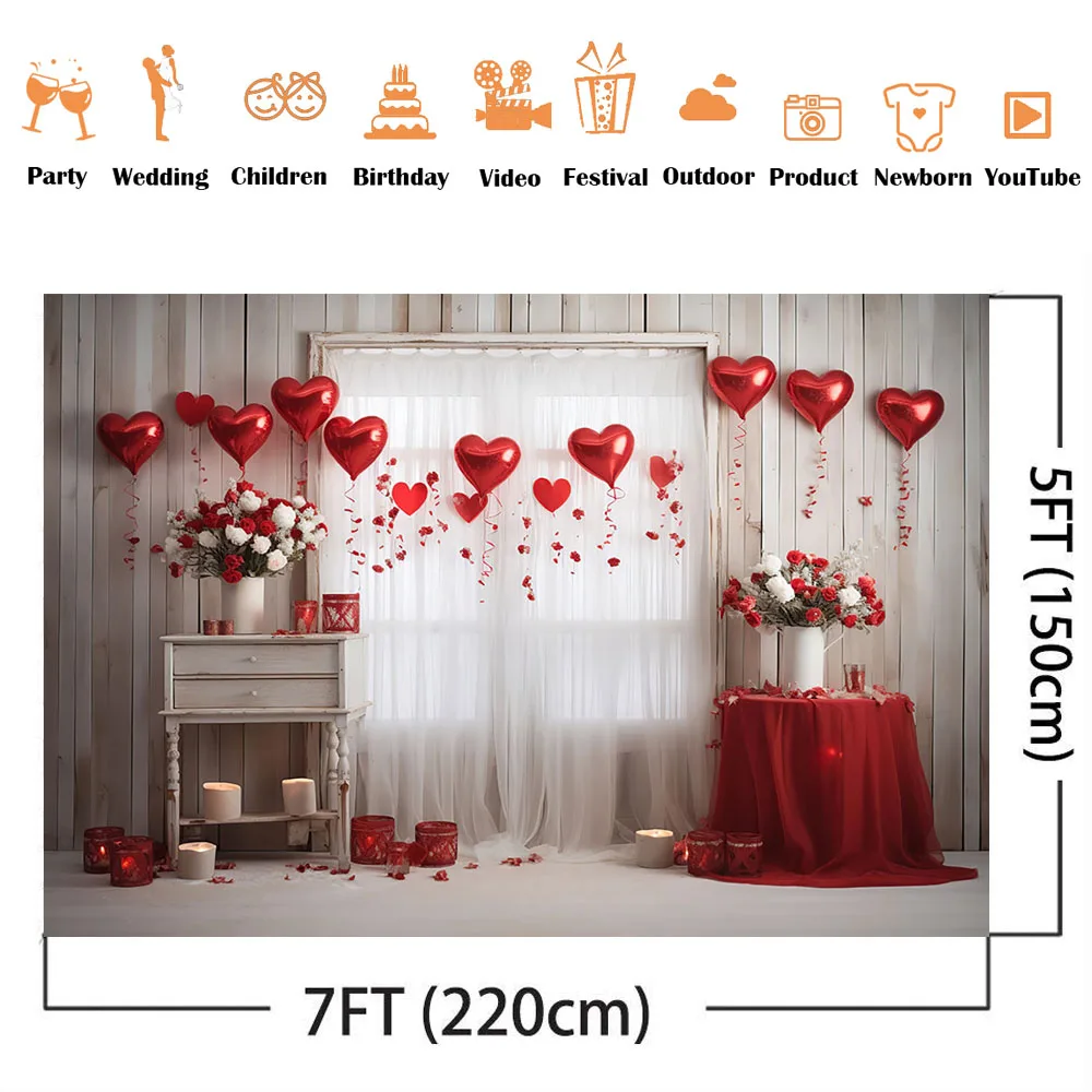 Love heart Balloons Backdrop for Photography Wood Board Valentine's Day Cake Smash Portrait Background for Photobooth Studio