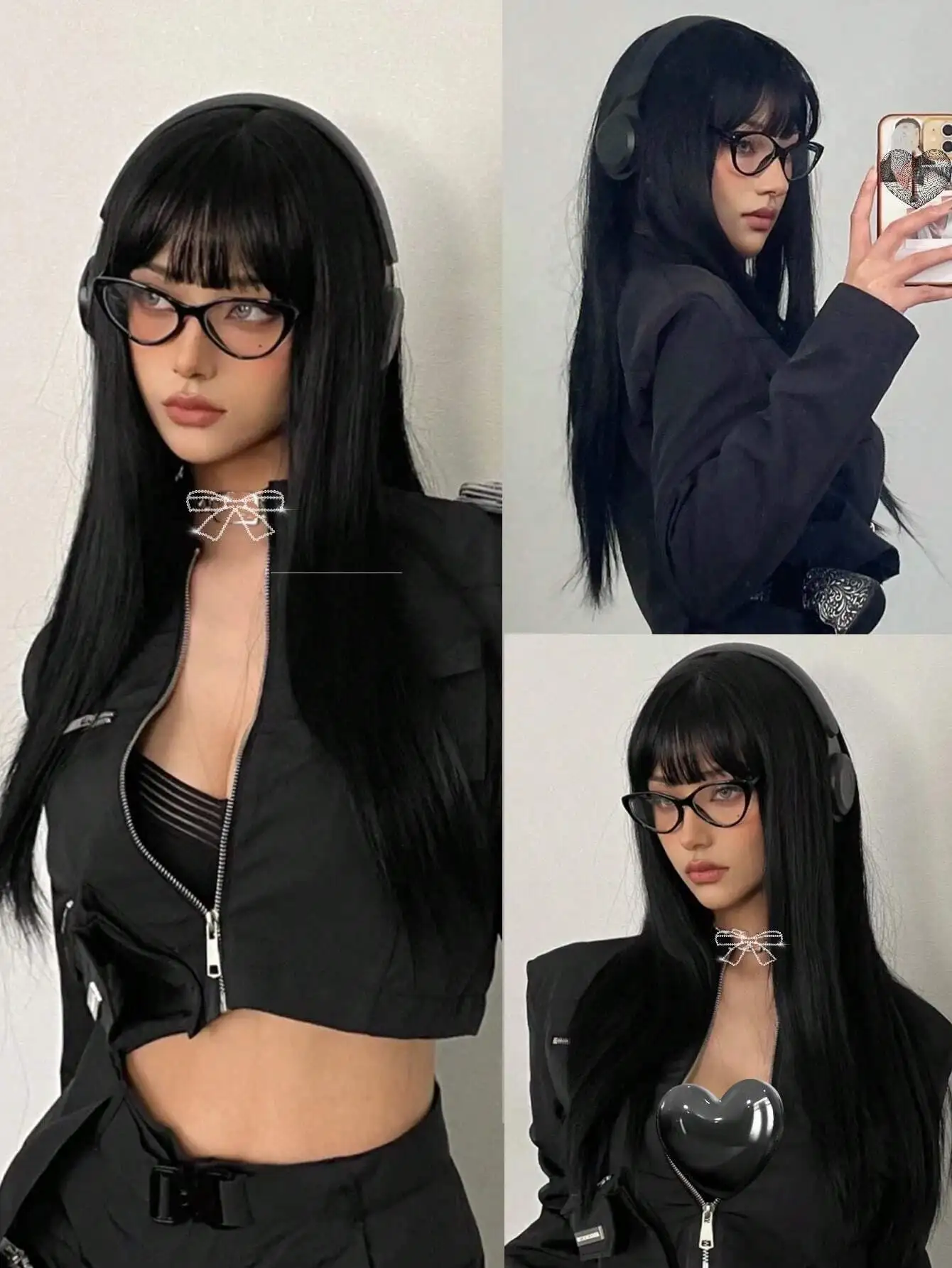 

24 Inch Black Long Straight Synthetic Wig With Bangs Natural Black Heat Resistant Fiber Hair Full Machine Cosplay Party Wig For