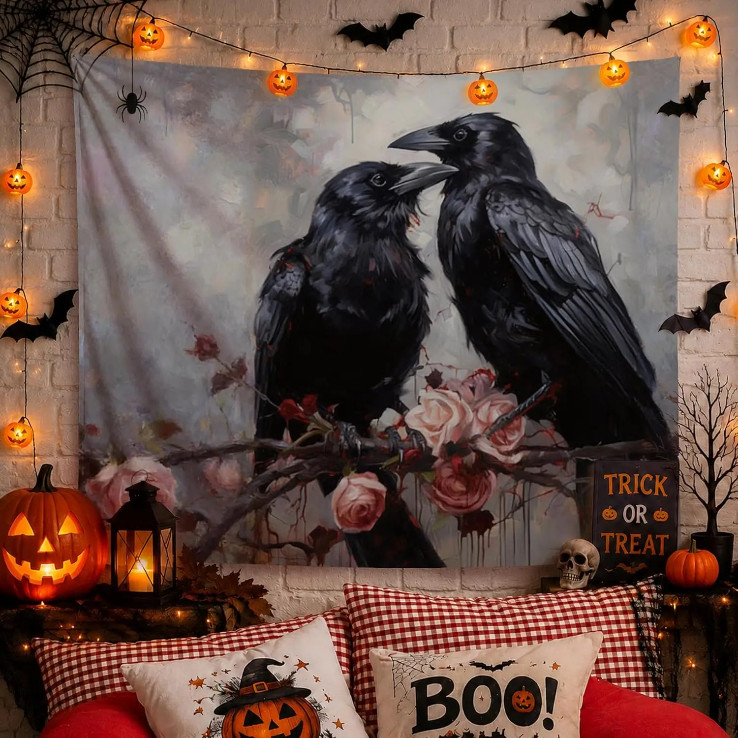 Halloween Tapestry Wall Hanging Gothic Crows Ravens Decor Spooky Pumpkin Autumn Fall Seasonal Party Backdrop Tapestry Home Decor