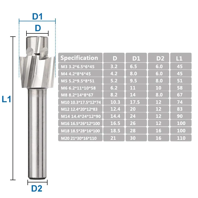 XCAN 1pc HSS Counterbore End Mill M3.2-M20 4 Flute Pilot Slotting Bit Counterbore Mill Milling Cutter for Wood/Metal Drilling