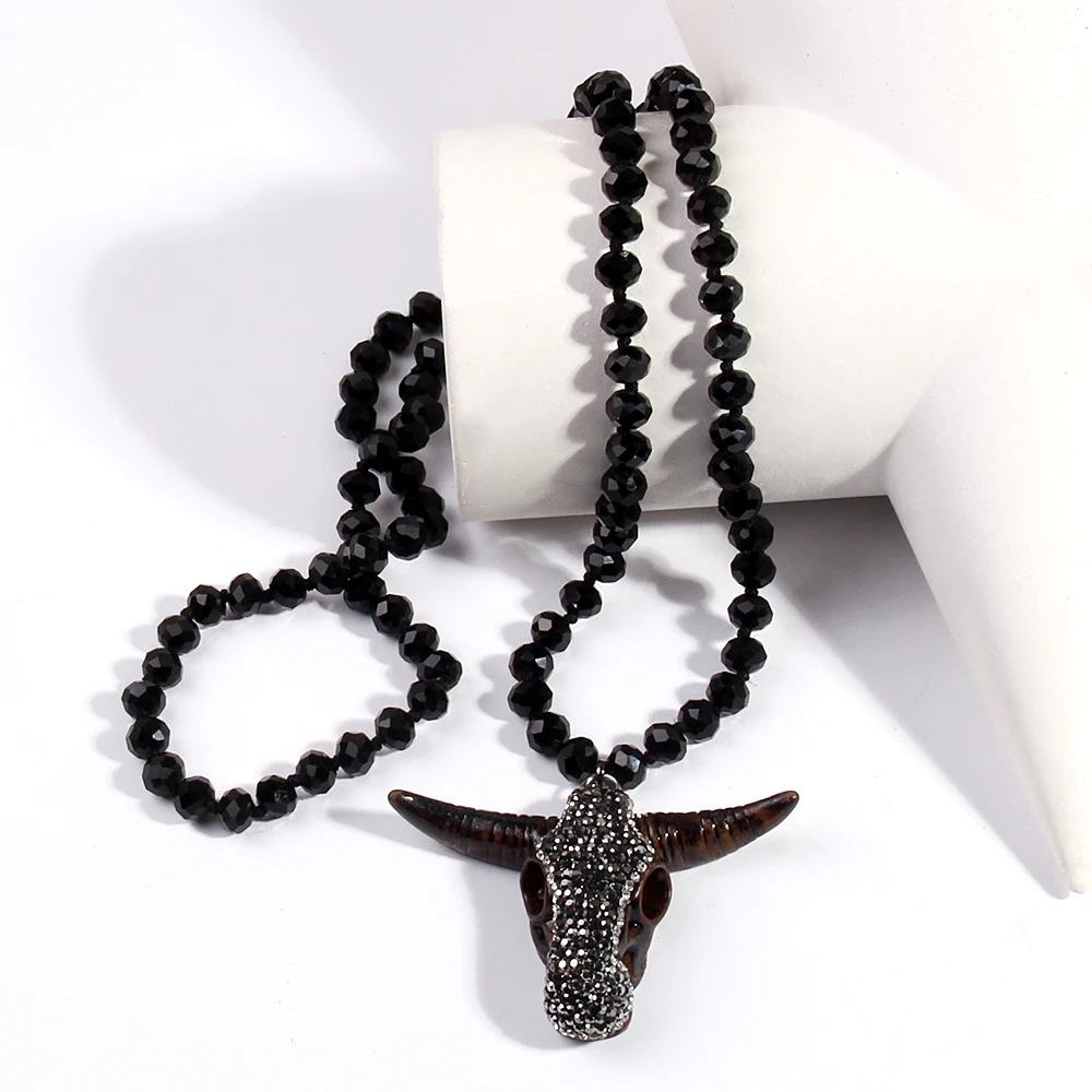 Fashion Bohemian Tribal Jewelry 5X8 Glass Crystal Handmade Paved Bull Head Charm Necklace