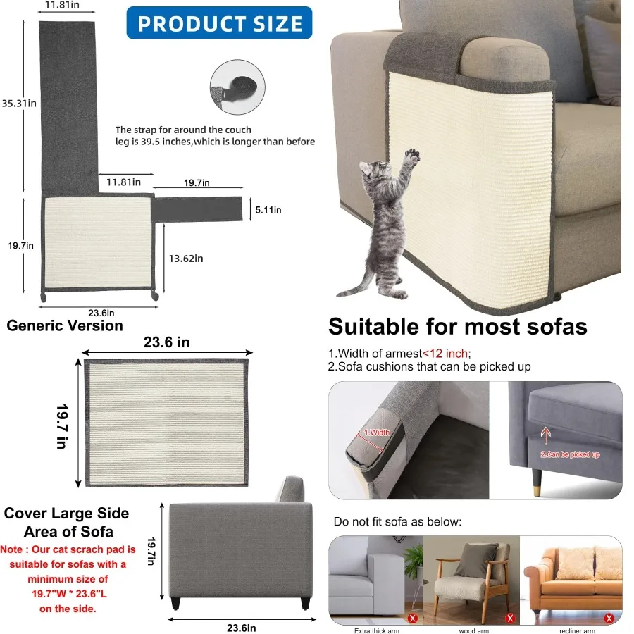 

Защитный коврик для кошачьего царапин с ковриком для кошачьего когтеточка из натурального сизаля размером 19,7 дюйма, длина 23,6 дюйма для защиты дивана, дивана, кресла в темно-серой установке