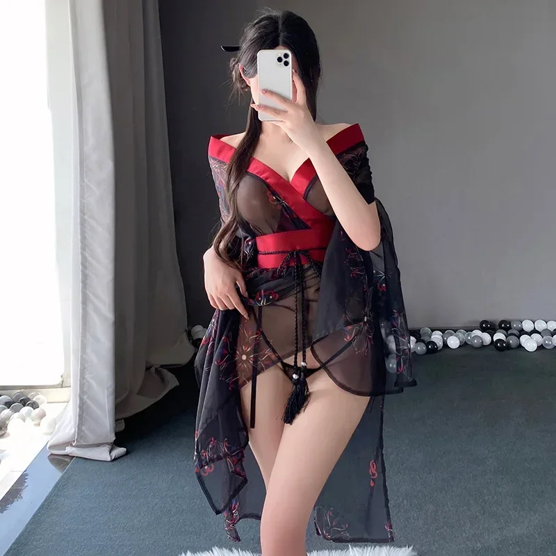 Japanese Kimono Women Bathrobe Sexy Lingerie Phantom Printed See Through Deep V Black Dress with Panties Set Costumes