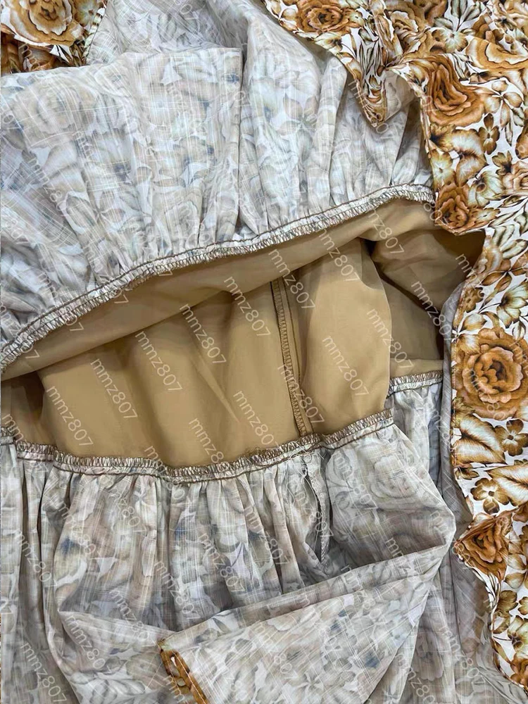 2025 zomer damesjurk met V-hals, holle sticker, flens, vliegende mouwen, vetersluiting, hoge taille, losse geplooide pommelrok met meerdere niveaus