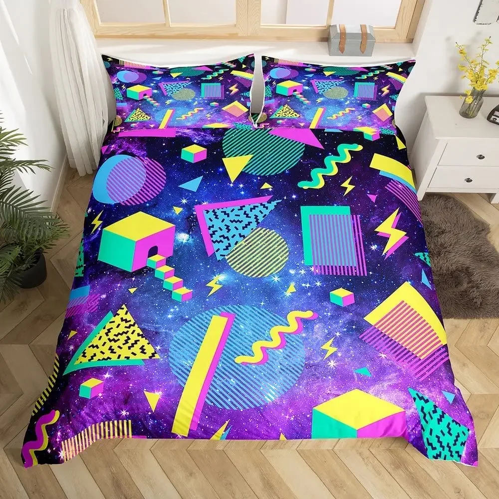 Retro Memphis Style Duvet Cover Set Galaxy Fashion Style Geometric Shapes Bedding Set Full,Hipster Old Fashioned Comforter Cover