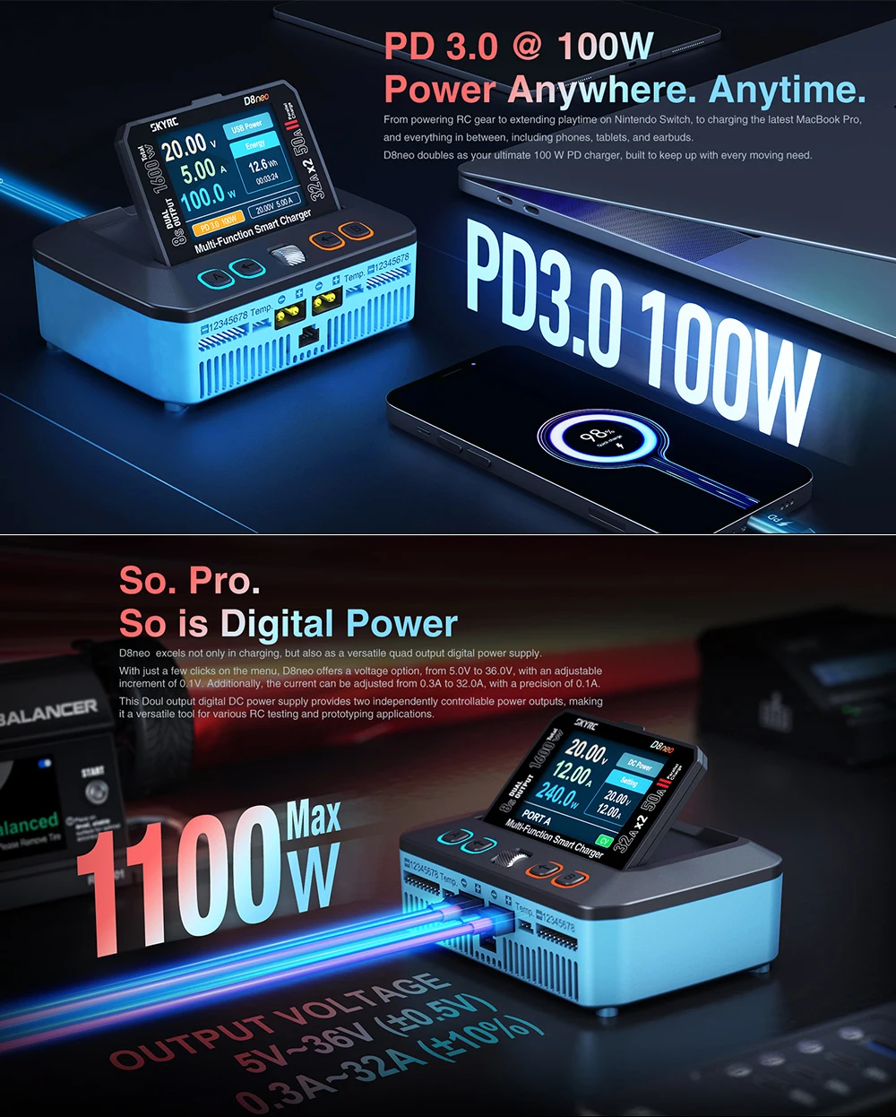 SKYRC D8neo Smart Charger Dual Outputs 1-8S 240x320Pixel Multi-Function Charger For LiPo LiFe Li ion LiHV Pb NiMH and NiCd