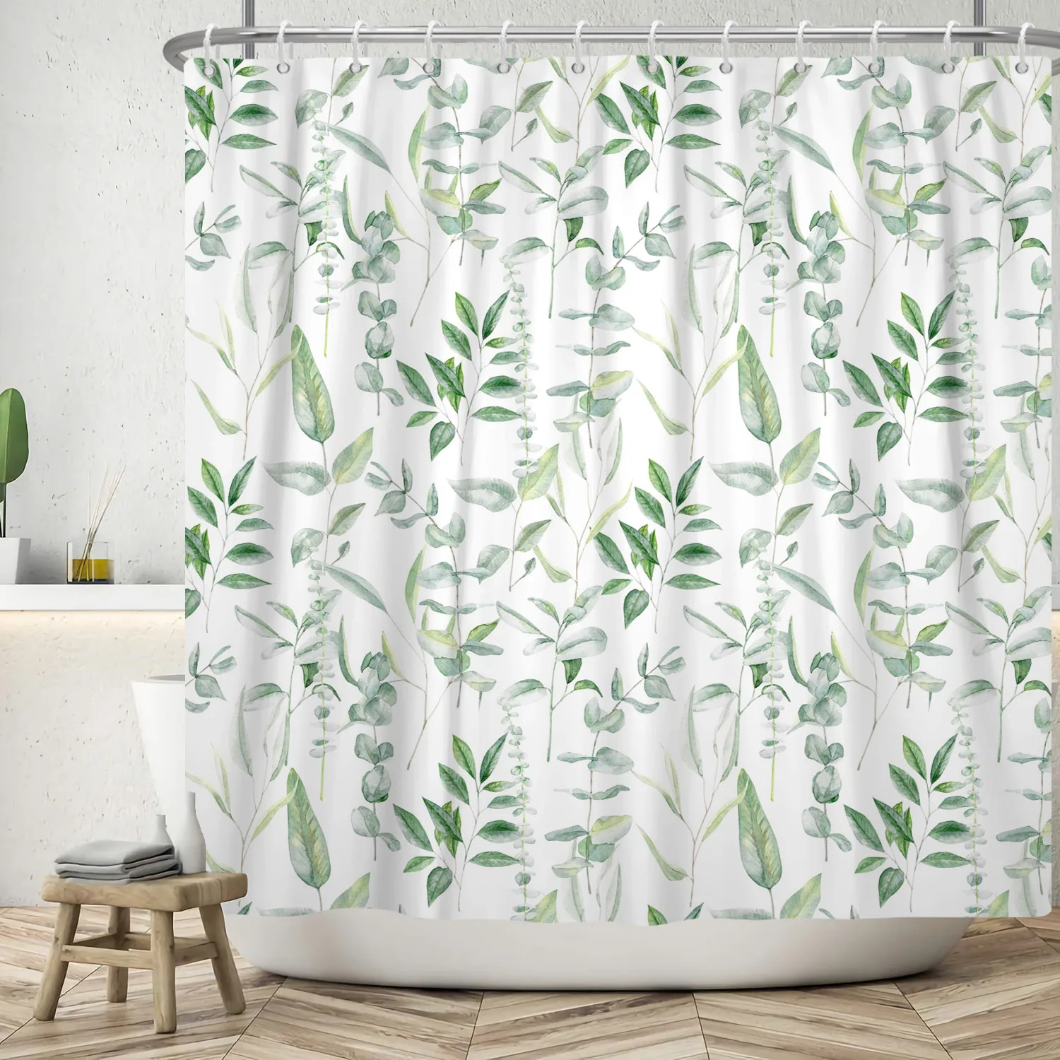 Watercolor Leaves Shower Curtain Nordic Style Flowers Green Plants Polyester Fabric Bathroon Decoration Curtains with 12 Hooks