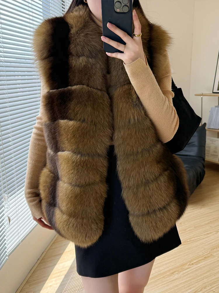 

2025 модная осенне-зимняя женская шуба из натурального лисьего меха, жилет без рукавов, роскошный жилет из натурального меха, женские куртки