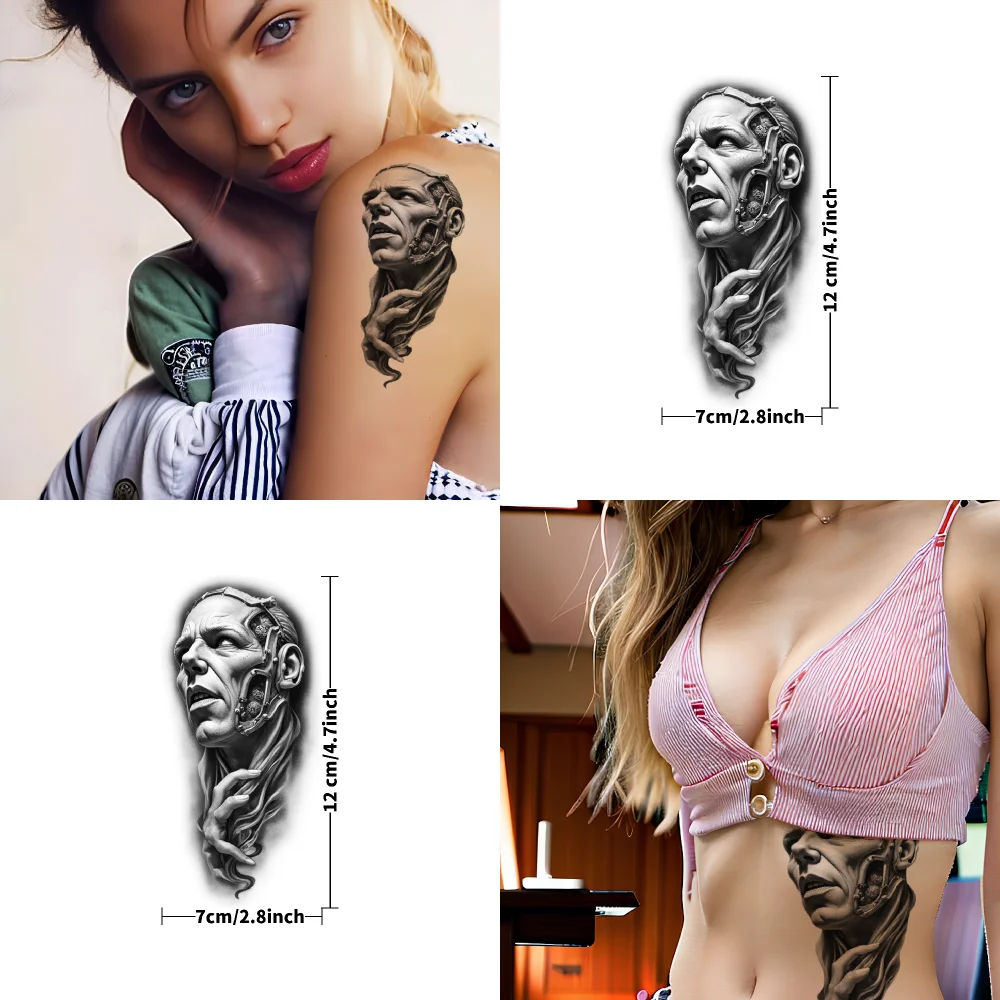 12pcs Temporary Tattoo  Black and Grey Realism  Portrait Tattoo Warrior Helmet Tattoo Eagle Tattoo for Adults women arms