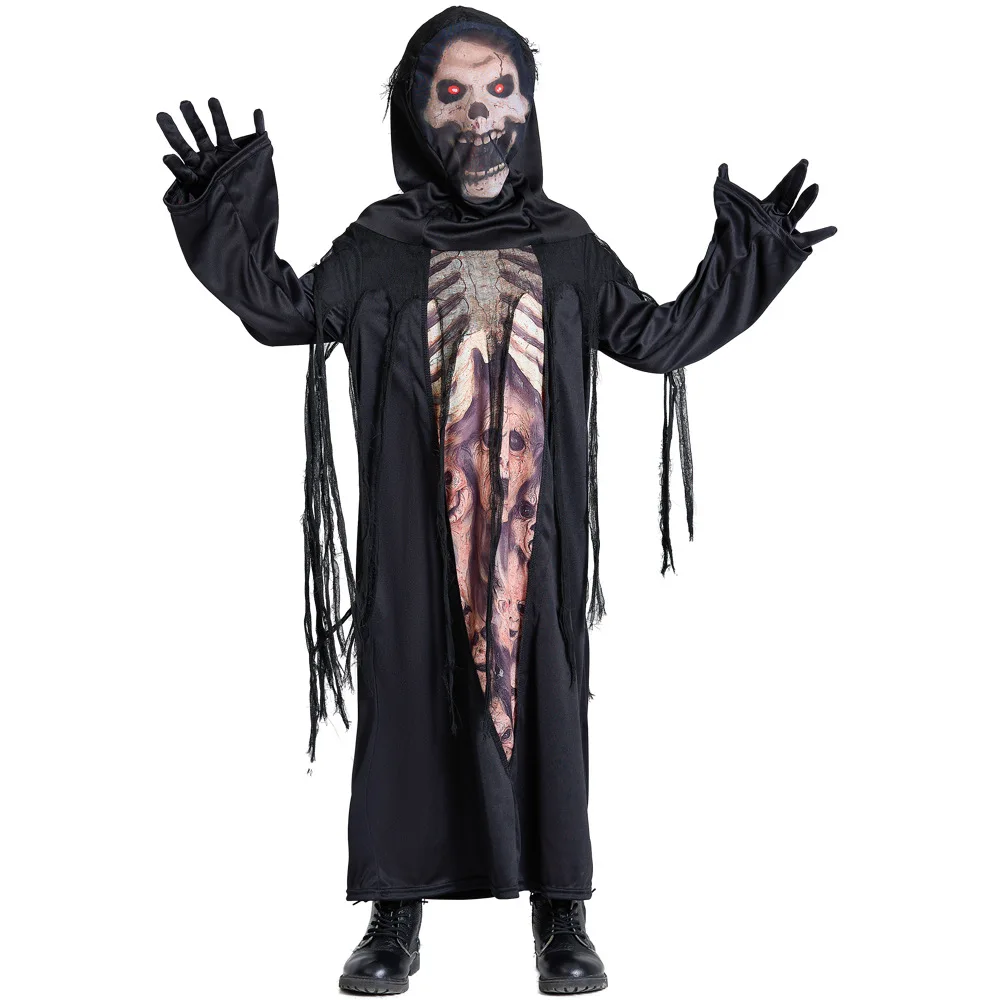 Assustador esqueleto fantasma cosplay robe para adultos e crianças, monstro demônio demônio, ceifador, fantasia de festa de Halloween para meninas e meninos