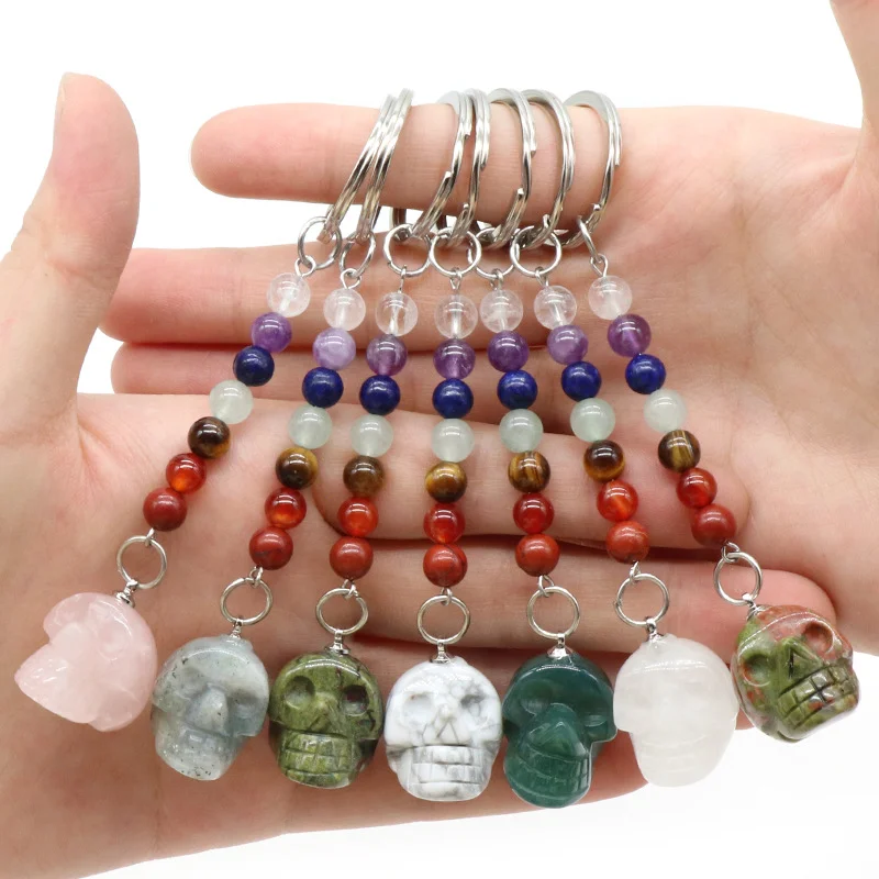 

10pc Skull Statue Key Rings 7 Colors Chakra Beads Chains Stone Charms Keychains Healing Crystal Keyrings for Women Men