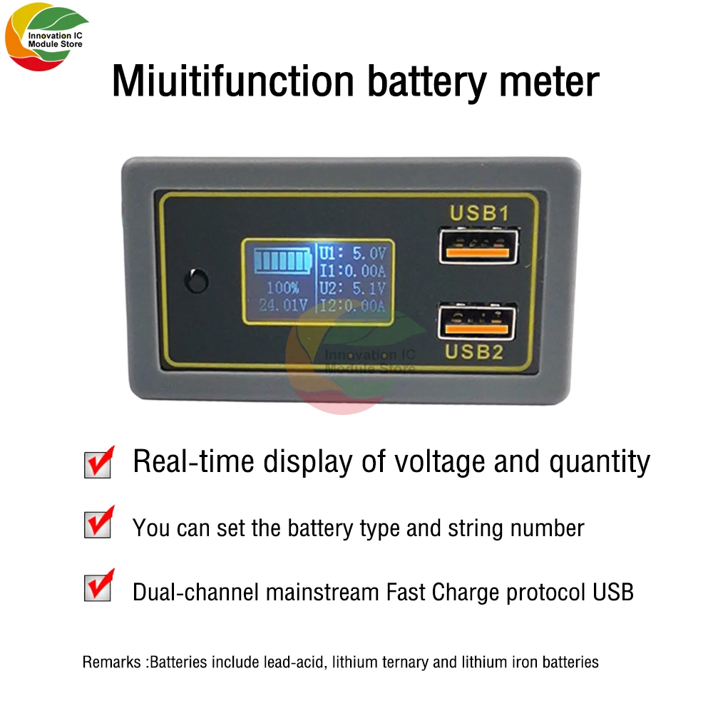 Battery Monitor Meter Capacity Tester DC 8-30V Battery Monitor Quick Changer Dual USB Output