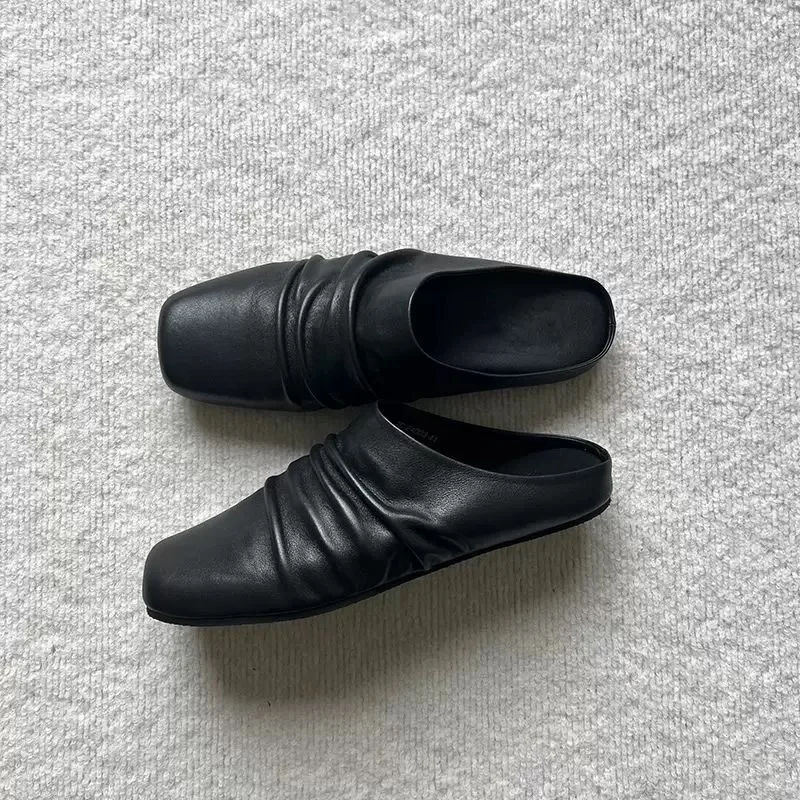 

2025 Women Pleat Leather Mules Backless Loafers Slippers Casual Slip-On Flats Outdoor Semi-Drag Male Slides