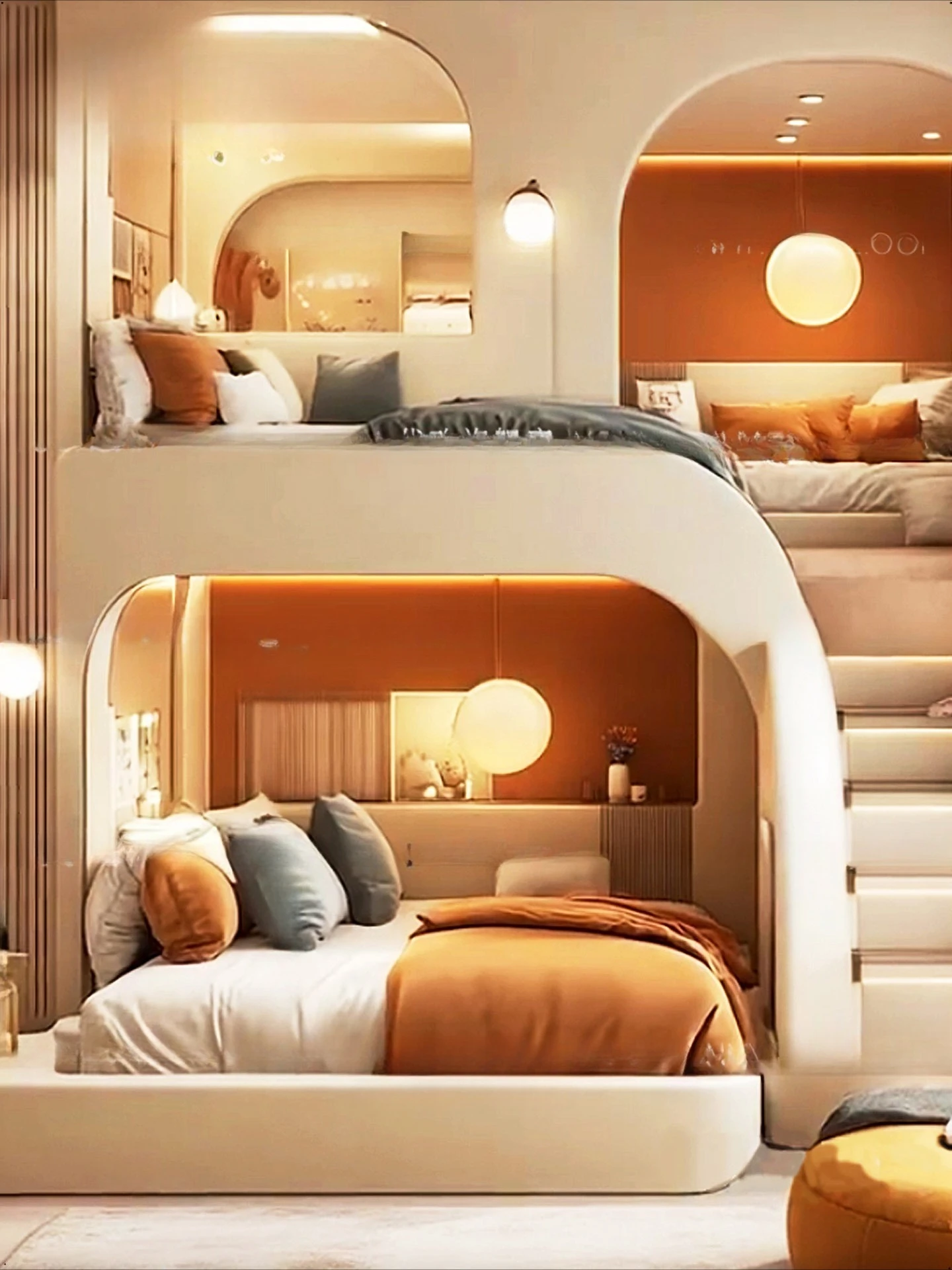 Tempat Tidur Anak Cream Wind Model Putri, Tempat Tidur Tingkat Atas dan Bawah, Tempat Tidur Double untuk Orang Tua dan Anak