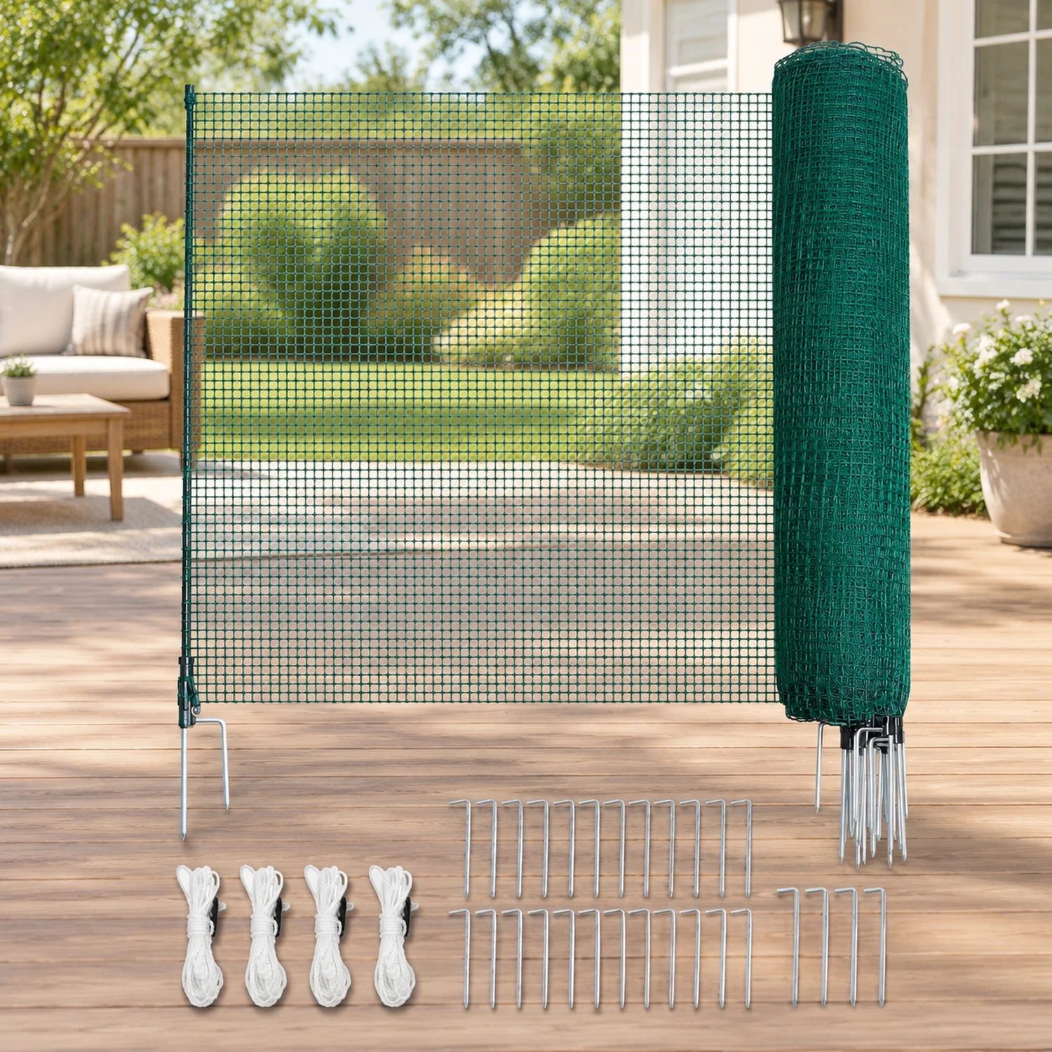 Temporary Fence with Posts, 3 x 98.4 FT Plastic Mesh, Garden Safety Netting Double-Spike Stakes & Guy Ropes, for Dogs, Chickens
