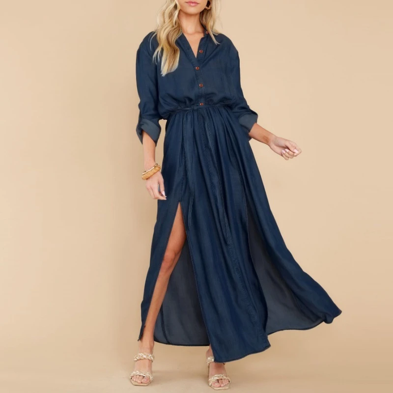 

2022 Women Long Sleeve Solid Button Front High Split Shirt Dress Maxi Dresses With Belt