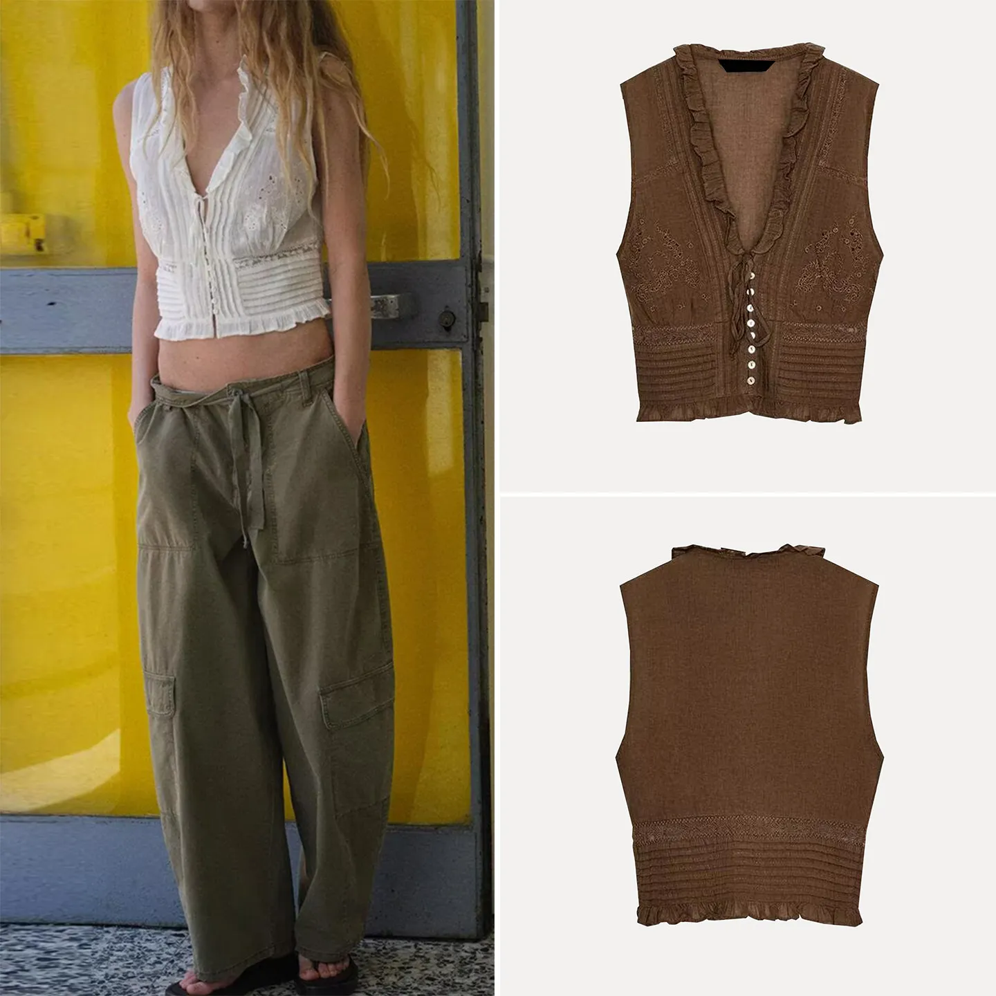 

Женский вышитый тонкий топ без рукавов на пуговицах, весна 2026, модный укороченный жилет для пар, V-образный вырез, приталенный крой