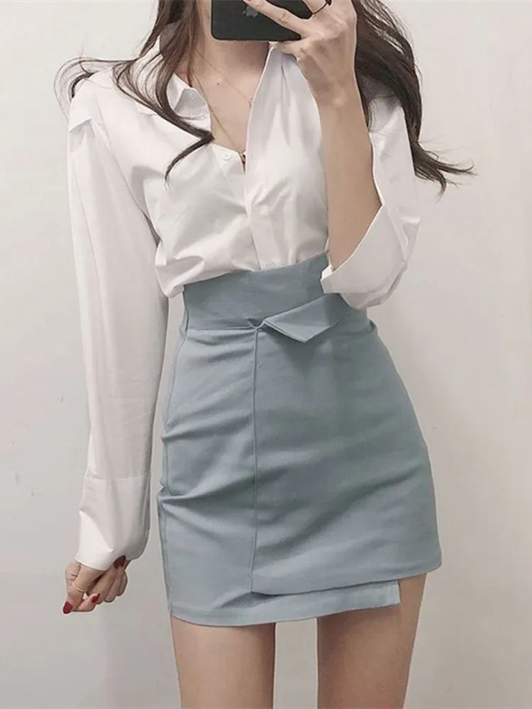 

White irt And Skirt Set Women's Asymmetrical High Waist Slim Fit ort Skirt Two-Piece Korean Sle Commute Pure Color