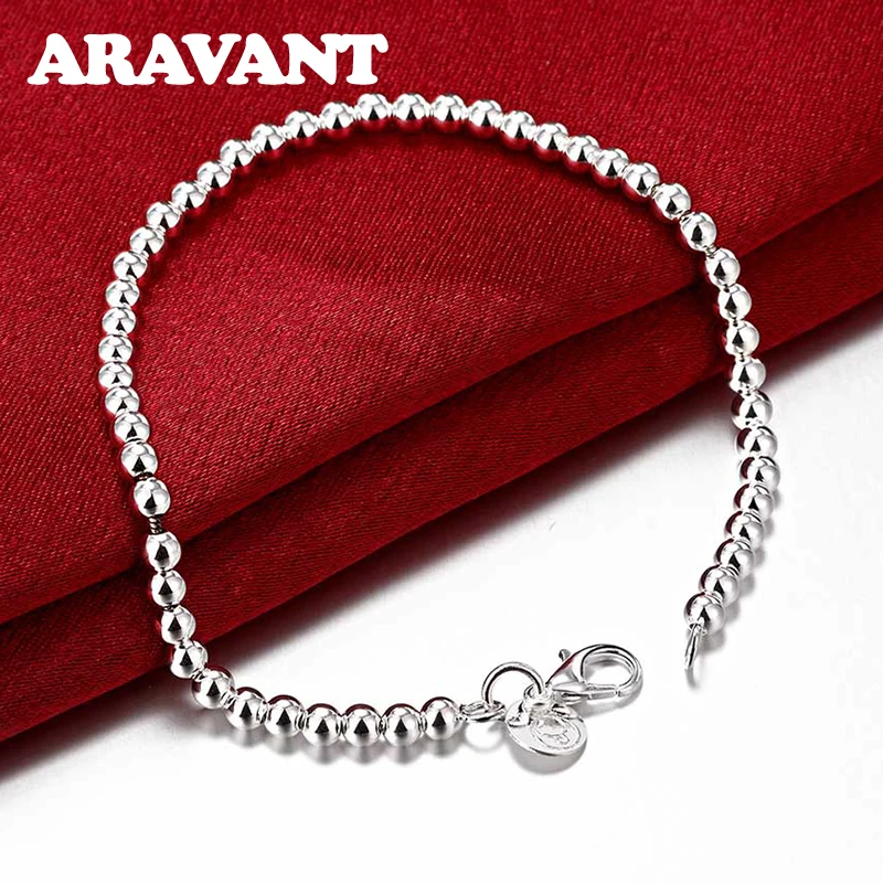 ARAVANT 925 Silver 4mm Smooth Beads Chain Bracelet For Women Wedding Jewelry