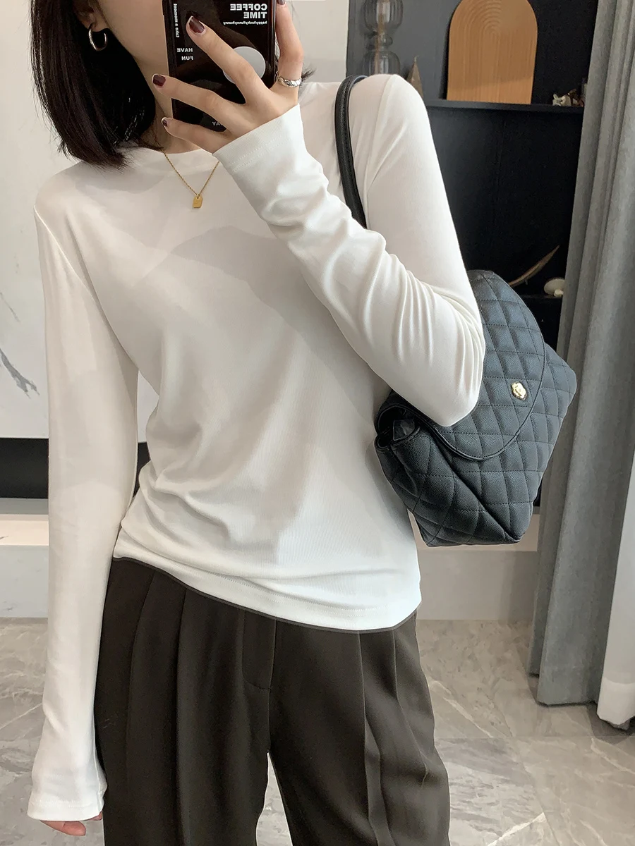 

Zhaokelie Women's Pure Color Elastic Long Sve T-irt 2023 Autumn Sle Base Layer irt Korean Versatile Slim Fit Top