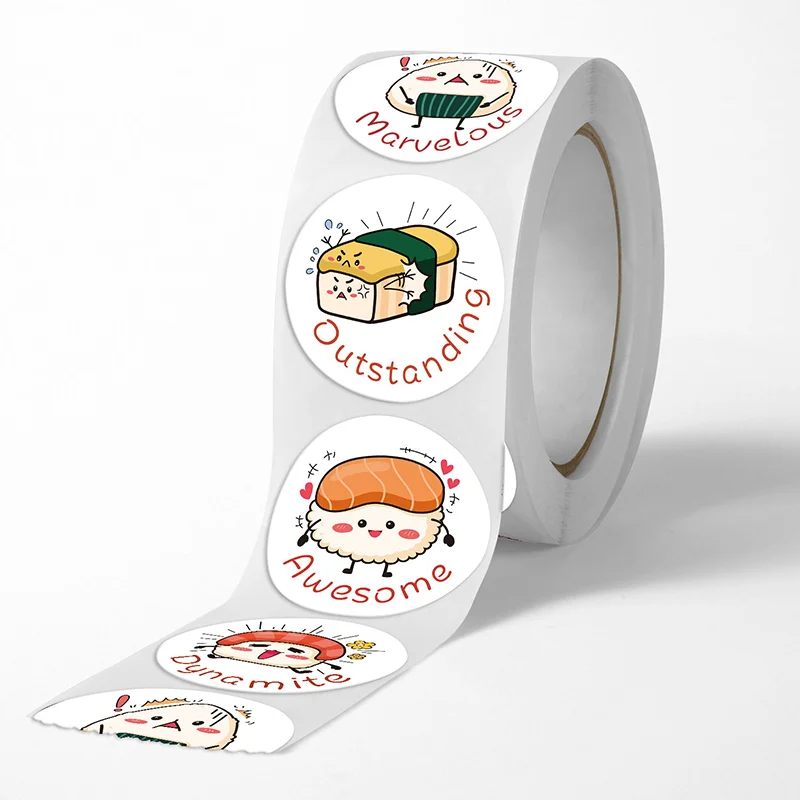1Roll /500sheets Circular Cartoon Sushi Pattern Sticker Birthday Wedding Decor Sticker Baked Dessert Lunch Box Label Sticker