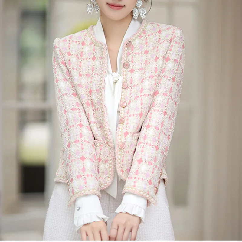 Autumn New Luxury Pink Small Fragrant Short Coat Women Plaid Thick Tweed Long sleeved Round Neck Single breasted Elegant Jacket