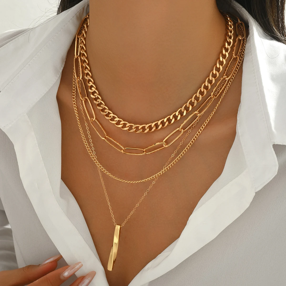 3 Layer Gold Stack Necklace Cuban Curb Paperclip Chain Vertical Bar Pendant Adjustable Dainty Women Daily Jewelry