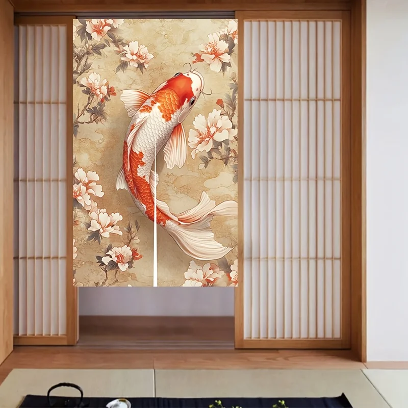VIKAMA Türvorhang mit Koi- und Blumenmuster, traditionelles chinesisches elegantes Muster, Wohnzimmer- und Kücheneingang, Halbvorhang, Heimdekoration