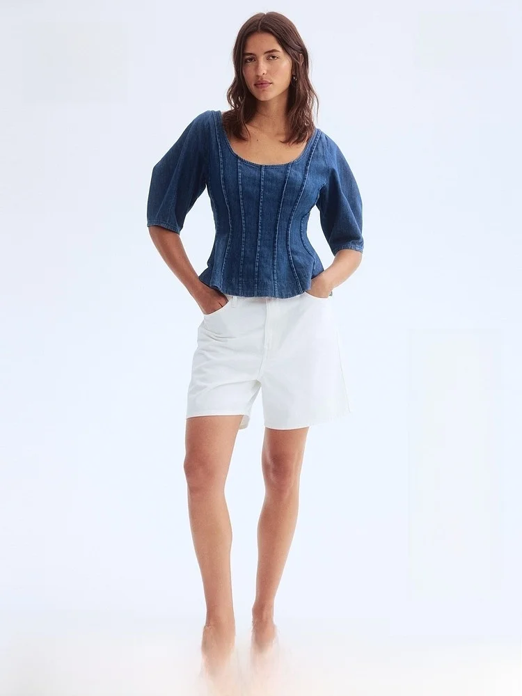 

H&M Women's Shirt Summer Elegant Fashion Ballet Collar Skirt Style Hemline Denim Top 1303746 Slim Fit Regular Sleeve Cotton