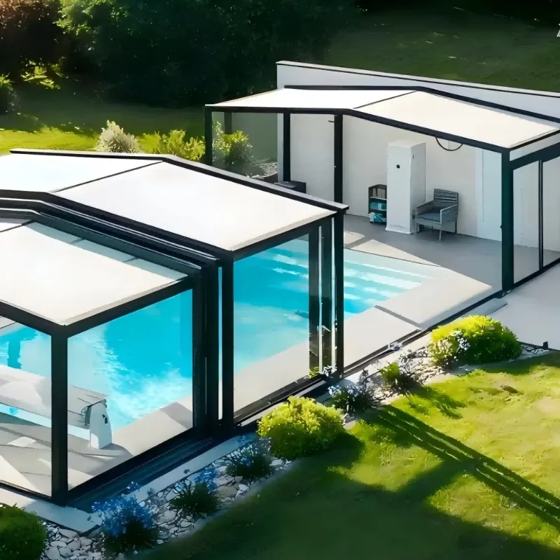 Fully Automatic Retractable Aluminum Sunroom With Large Glass Panels And Waterproof Sliding Roof For Swimming Pool