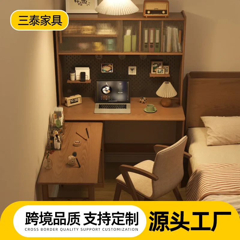 Customized solid wood corner folding desk bookshelf integrated bedroom corner book against the wall L-shaped table
