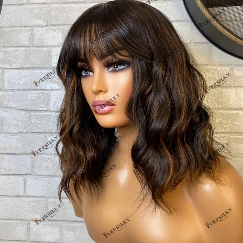 

200% Density Fringe Human Hair Lace Front Wig for Black Women Body Wave Auburn Brown Highlight 360 Lace Frontal Wig with Bangs