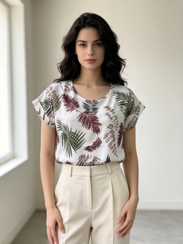 Autumn White Bat Sleeve Red Printed T-Shirt Summer New Flower Women's Shirt Casual Versatile Vacation Lightweight Breathable Top