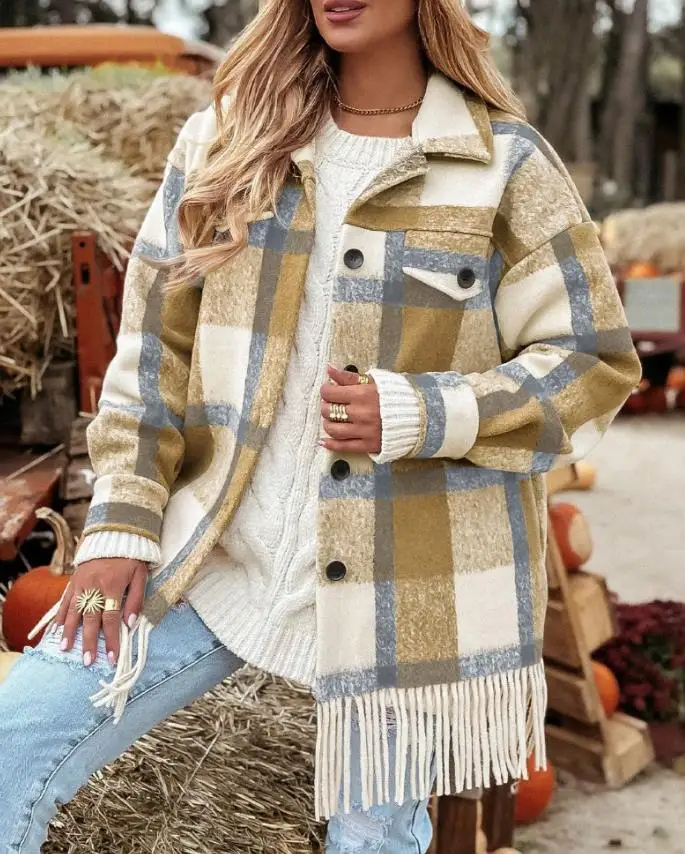 Women's Grid Print Lapel Button Front Fringe Casual Coat Autumn/Winter New Fashion Detail Coat