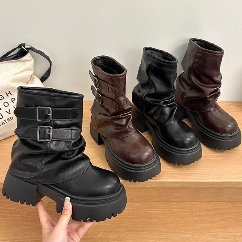 Botines de mujer de suela gruesa con plataforma de invierno, zapatos sin cordones con hebilla de cinturón de diseño, botas cortas de caballero de cuero de estilo Punk para mujer