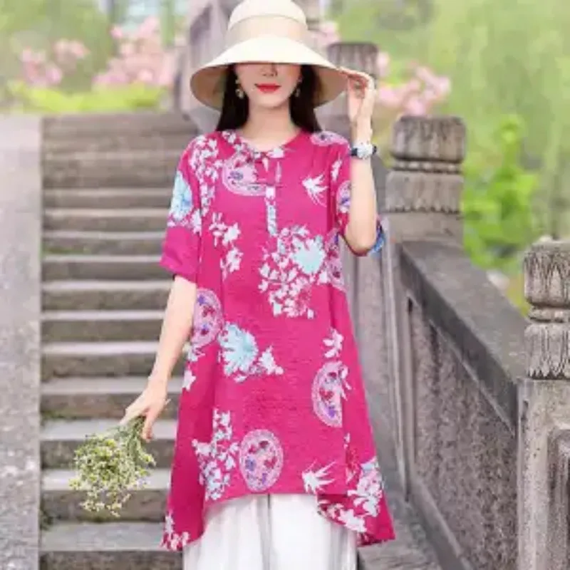 Women Ethnic Floral Print Frog Button Short Sleeve Top Wide Leg Capri Pants Two Piece Set view 5