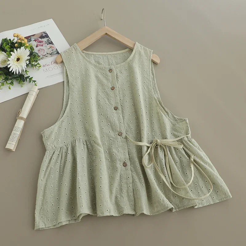 Spring Sweet Mori Girl Solid Color Hollow Out Embroidery Vest Women Korean Style Thin Sleeveless Tank Tops