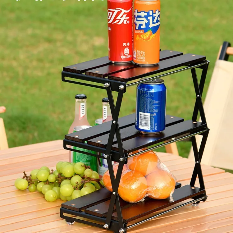 Outdoor Camping Stainless Steel Three Layer Folding Storage Rack Portable Multifunctional Desktop Extendable Wooden Storage Rack