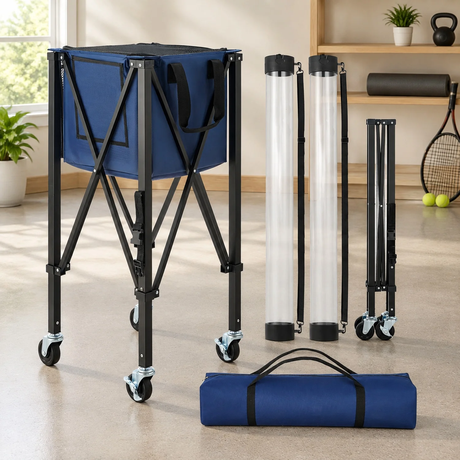 2-in-1 Tennis & Pickleball Hopper, with Pickup Tube, Foldable Basket Cart Wheels, Holds 150 Balls or 260, Portable Caddy Holder