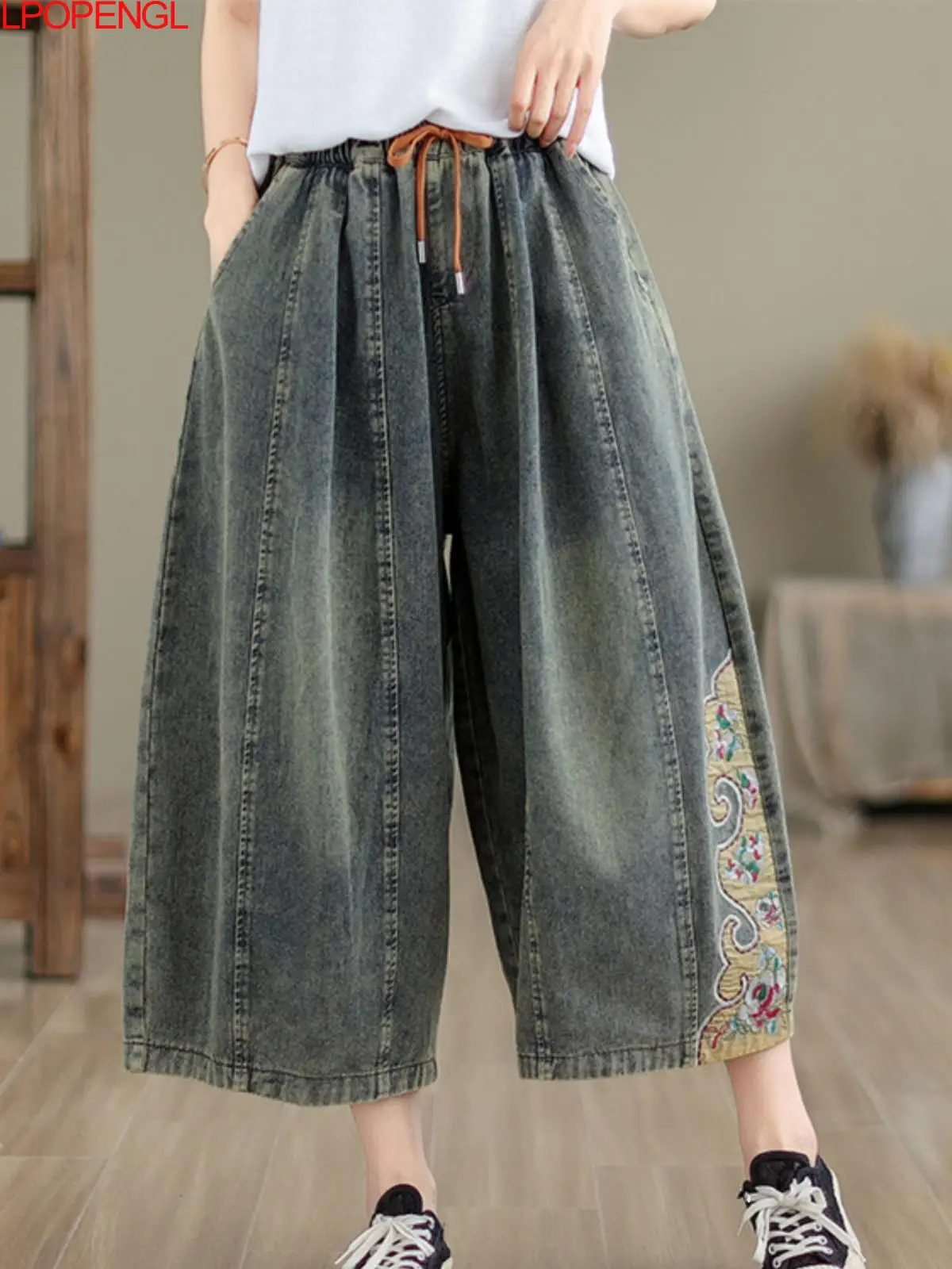 Fashion Vintage Embroidered Wide-leg Pants Women's Summer 2024 New Casual Straight Jeans Elastic Waist Loose Calf-length Pants