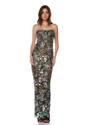 Women's Sexy Strapless Embroidery Patchwork Mesh Long Dress Elegant Luxury Floral Sequin Slim Dress Evening Party Runway Gowns